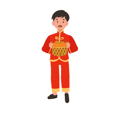 Boy in Chinese traditional dress holding basket of oranges  Illustration