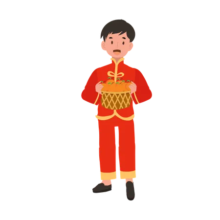 Boy in Chinese traditional dress holding basket of oranges  Illustration