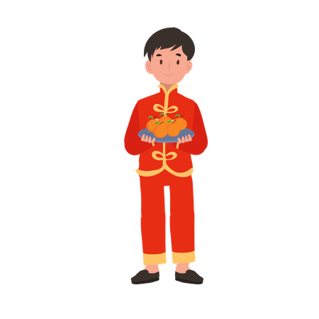 Boy in Chinese traditional dress holding basket of oranges  Illustration