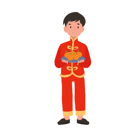 Boy in Chinese traditional dress holding basket of oranges  Illustration