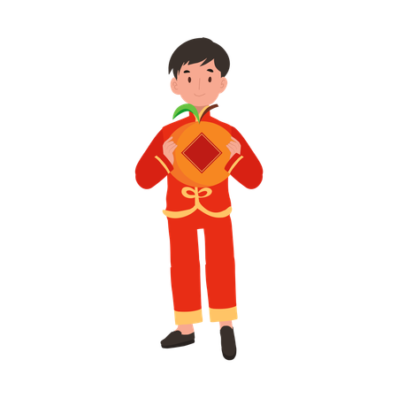 Boy in Chinese traditional dress holding big orange  イラスト