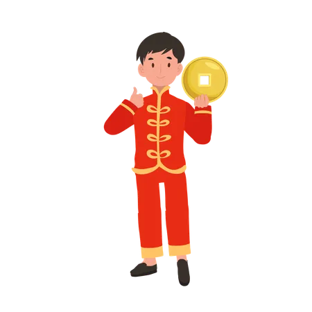 Boy in Chinese traditional dress holding gold coin  イラスト