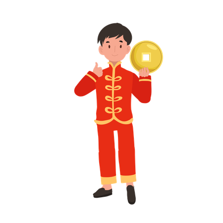 Boy in Chinese traditional dress holding gold coin  イラスト