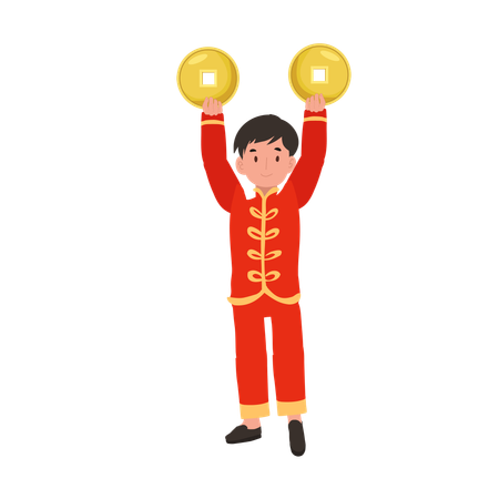 Boy in Chinese traditional dress holding gold coins  Illustration