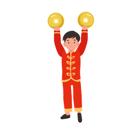 Boy in Chinese traditional dress holding gold coins  イラスト
