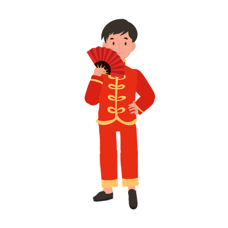 Boy in Chinese traditional dress holding hand fan  Illustration