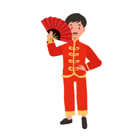 Boy in Chinese traditional dress holding hand fan  Illustration