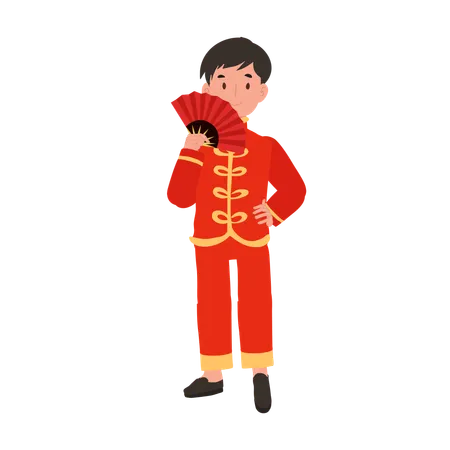 Boy in Chinese traditional dress holding hand fan  Illustration