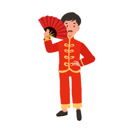 Boy in Chinese traditional dress holding hand fan  イラスト