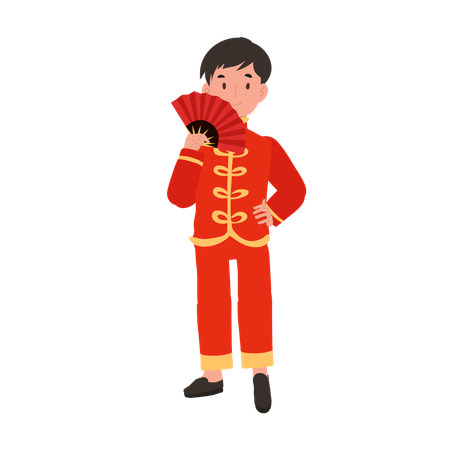 Boy in Chinese traditional dress holding hand fan  イラスト