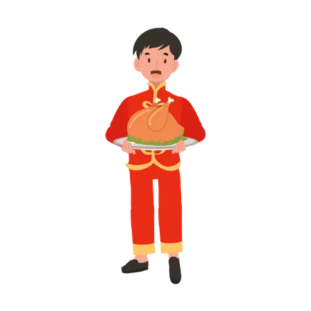 Boy In Chinese Traditional Dress Holding Meat Plate Illustration