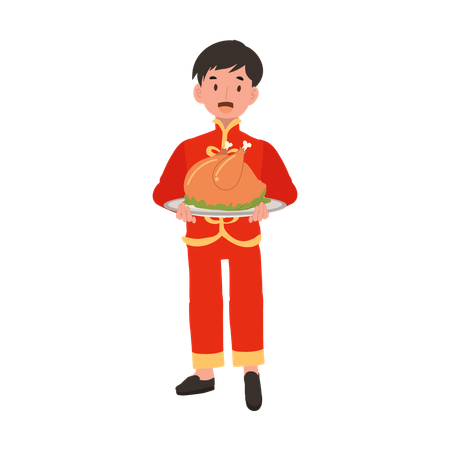 Boy in Chinese traditional dress holding meat plate  Illustration