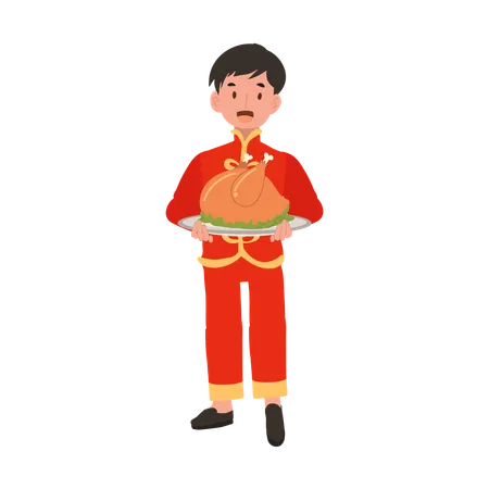 Boy in Chinese traditional dress holding meat plate  Illustration