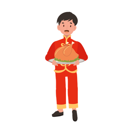 Boy in Chinese traditional dress holding meat plate  イラスト
