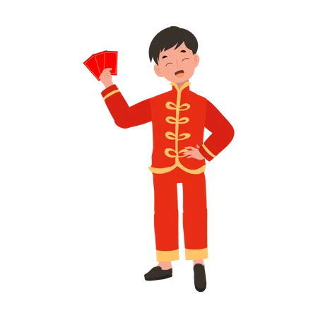 Boy In Chinese Traditional Dress Holding Red Envelope Illustration