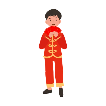 Boy In Chinese Traditional Dress Holding Red Envelope Illustration