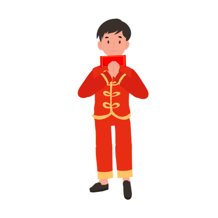 Boy in Chinese traditional dress holding red envelope  Illustration
