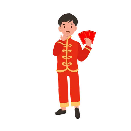 Boy in Chinese traditional dress holding red envelope  Illustration