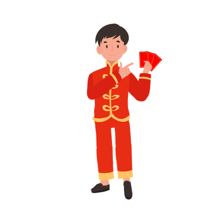 Boy in Chinese traditional dress holding red envelope  일러스트레이션