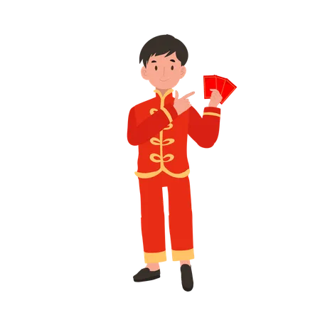 Boy in Chinese traditional dress holding red envelope  일러스트레이션