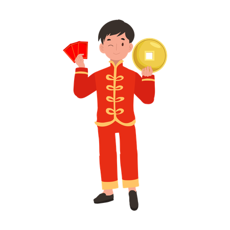 Boy in Chinese traditional dress holding red envelope and gold coin  イラスト