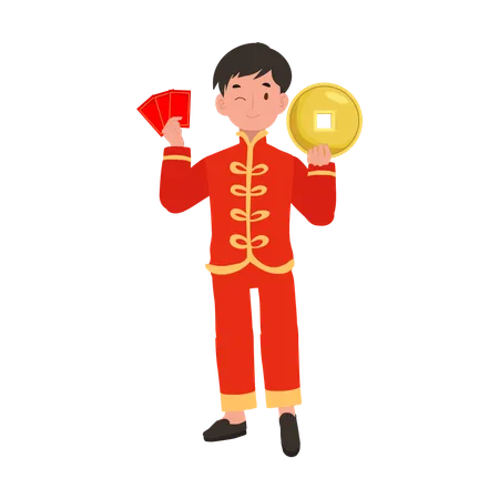 Boy in Chinese traditional dress holding red envelope and gold coin  イラスト