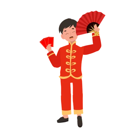 Boy in Chinese traditional dress holding red envelope and hand fan  Illustration
