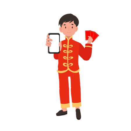 Boy in Chinese traditional dress holding red envelope and mobile  イラスト