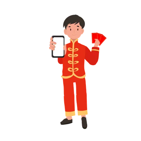 Boy In Chinese Traditional Dress Holding Red Envelope And Mobile 일러스트레이션