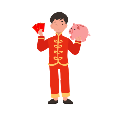 Boy in Chinese traditional dress holding red envelope and piggy bank  Illustration