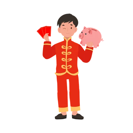 Boy in Chinese traditional dress holding red envelope and piggy bank  Illustration