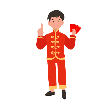 Boy in Chinese traditional dress holding red envelope and pointing finger  Illustration