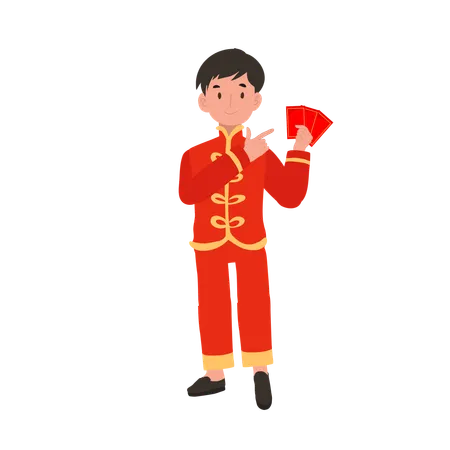 Boy in Chinese traditional dress holding red envelope  Illustration