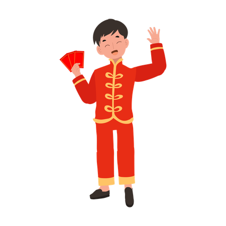 Boy in Chinese traditional dress holding red envelope  イラスト