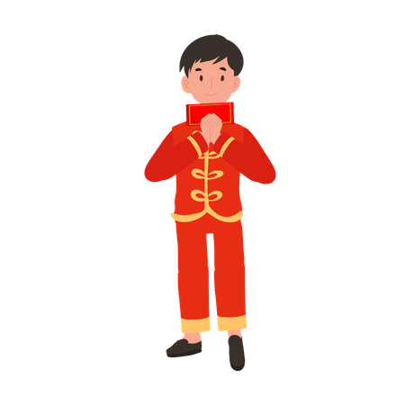 Boy in Chinese traditional dress holding red envelope  イラスト