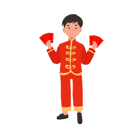 Boy in Chinese traditional dress holding red envelope  イラスト