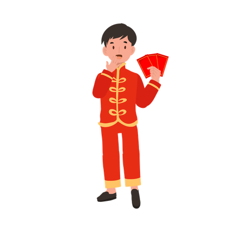 Boy in Chinese traditional dress holding red envelope  イラスト
