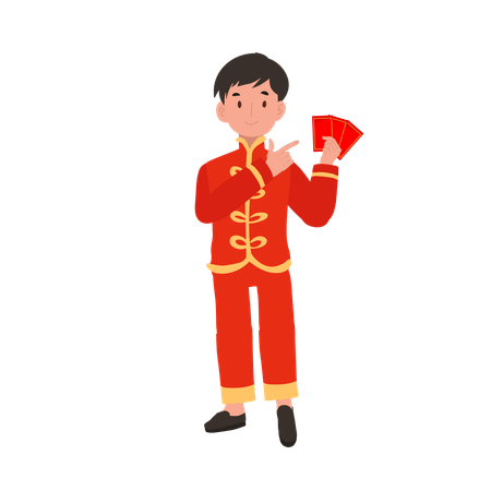 Boy in Chinese traditional dress holding red envelope  イラスト