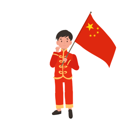 Boy in Chinese traditional dress holding red flag  Illustration