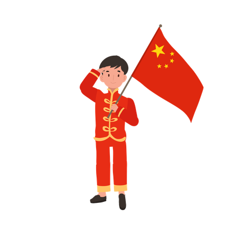 Boy in Chinese traditional dress holding red flag  イラスト