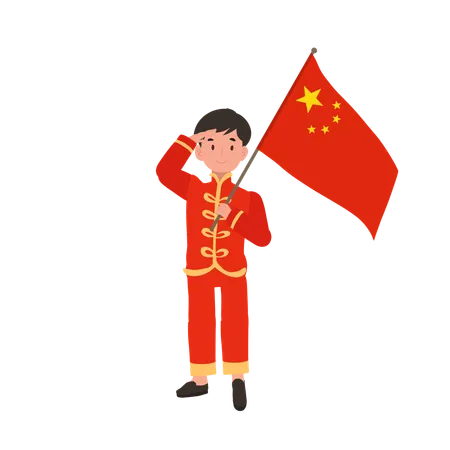 Boy In Chinese Traditional Dress Holding Red Flag イラスト