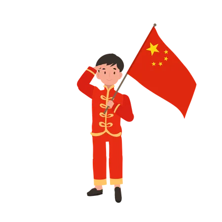 Boy in Chinese traditional dress holding red flag  Illustration