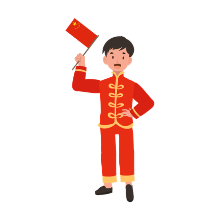 Boy in Chinese traditional dress holding red flag  イラスト