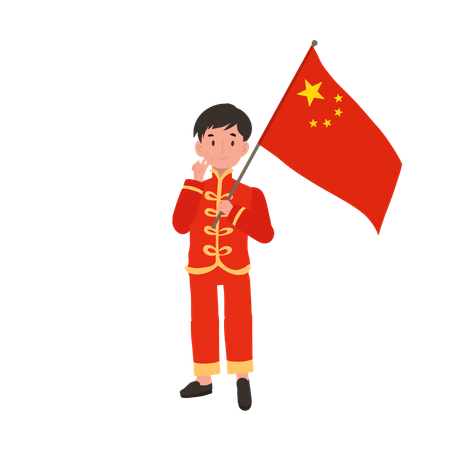 Boy in Chinese traditional dress holding red flag  イラスト