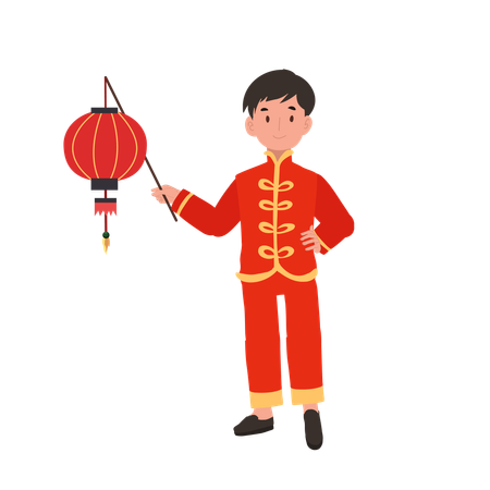 Boy in Chinese traditional dress holding red lantern  Illustration