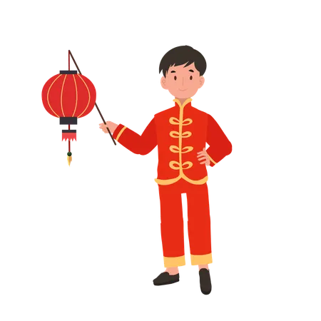 Boy In Chinese Traditional Dress Holding Red Lantern Illustration