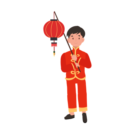 Boy in Chinese traditional dress holding red lantern  Illustration