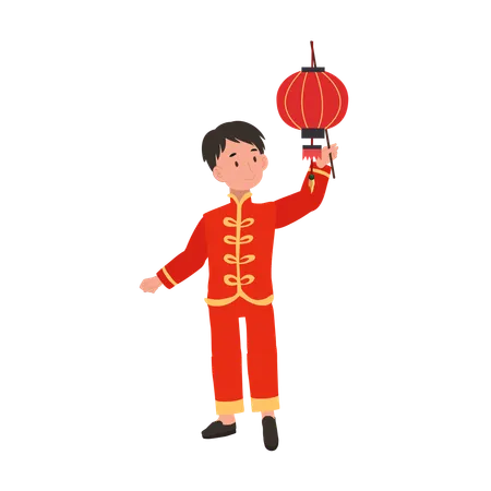 Boy in Chinese traditional dress holding red lantern  Illustration