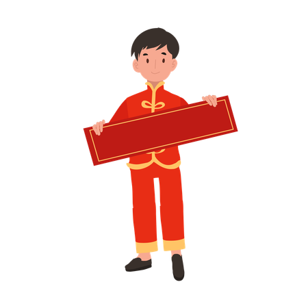 Boy in Chinese traditional dress holding red paper  Illustration