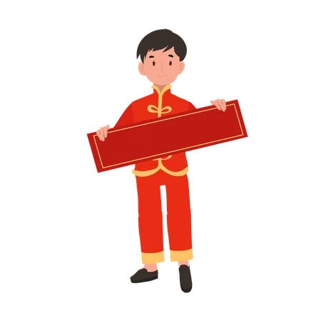 Boy In Chinese Traditional Dress Holding Red Paper Illustration